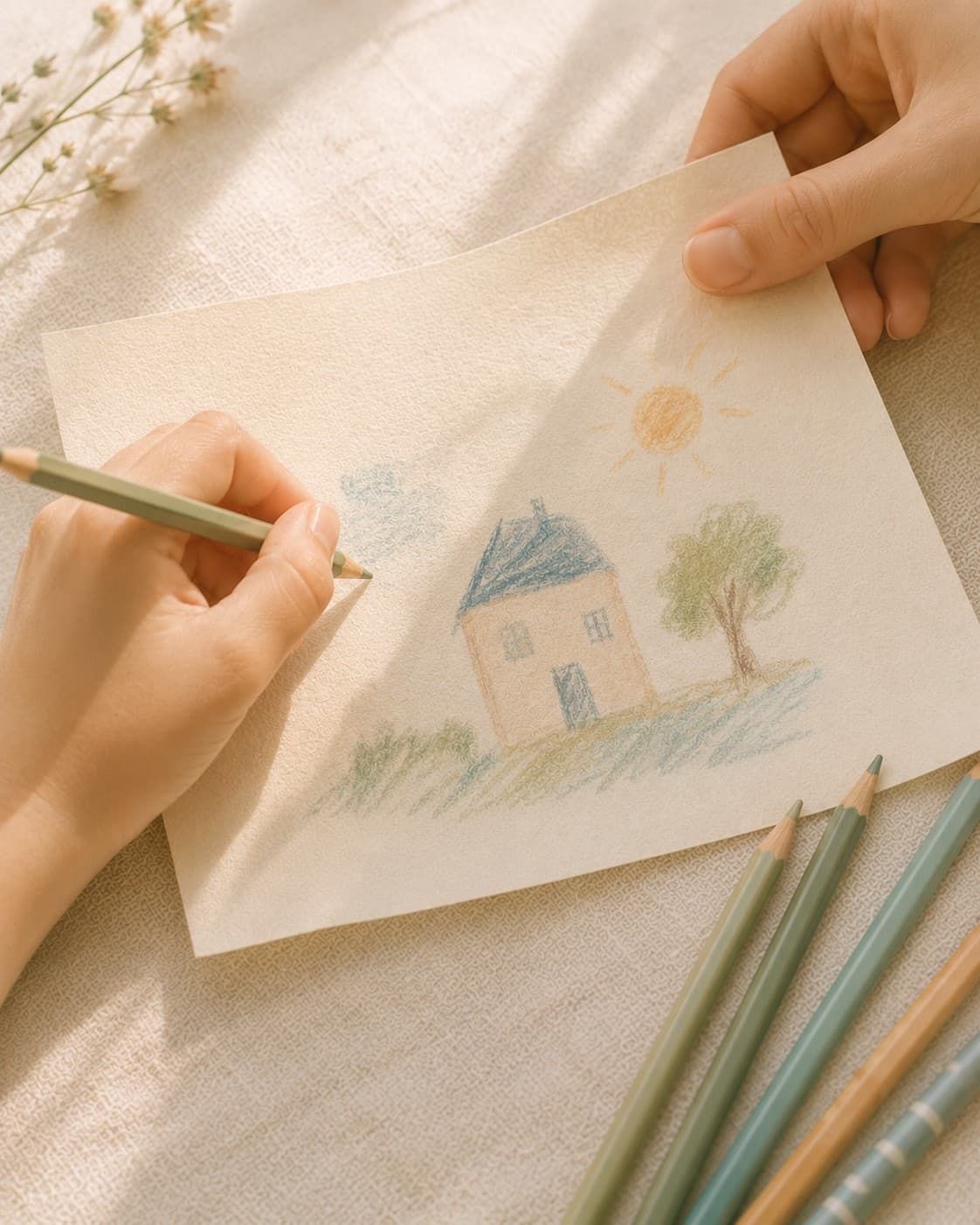 A child's hand and an adult's hand together making a drawing with colored pencils on cream paper