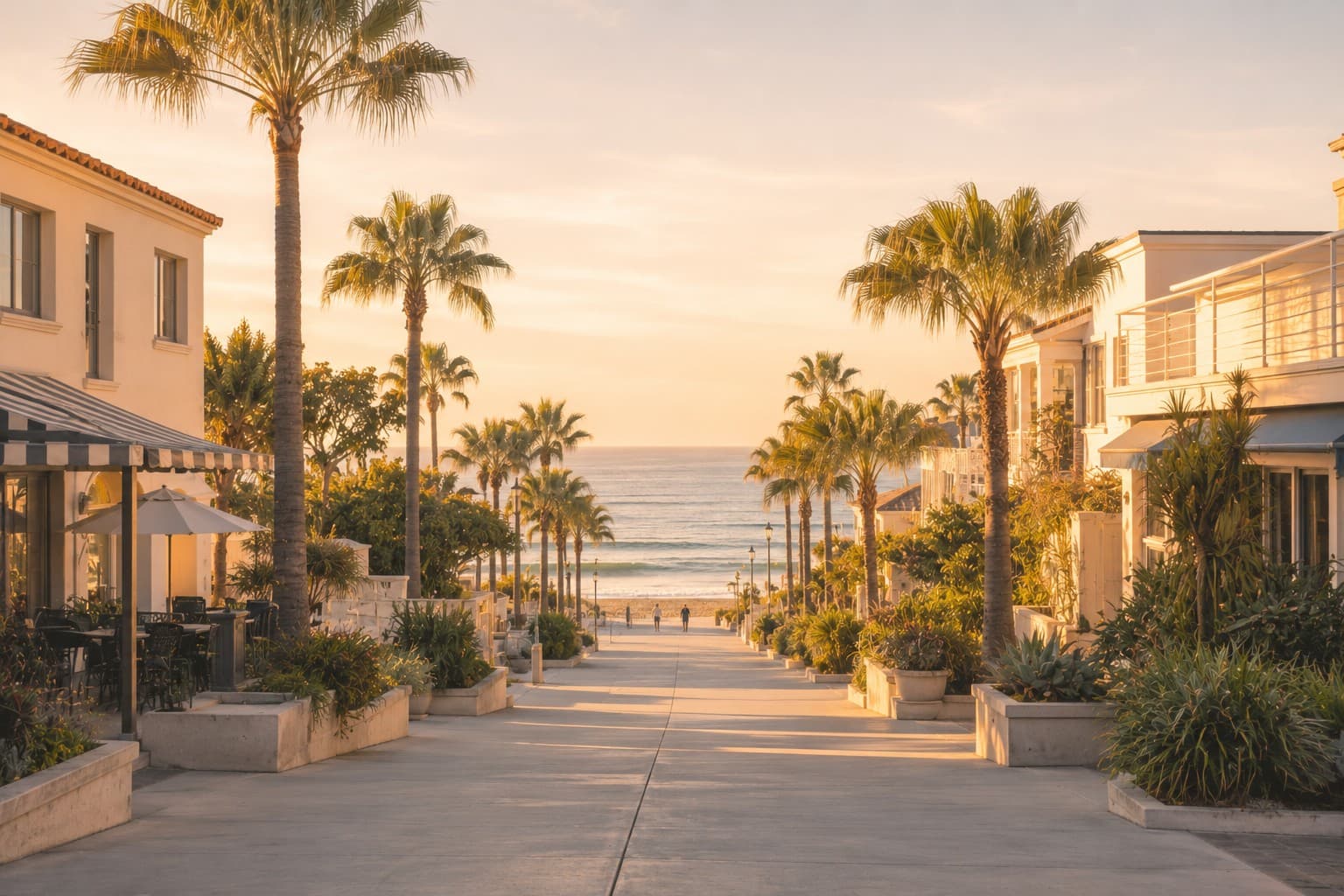 A pedestrian-friendly beach community street lined with palms leading toward the ocean at golden hour