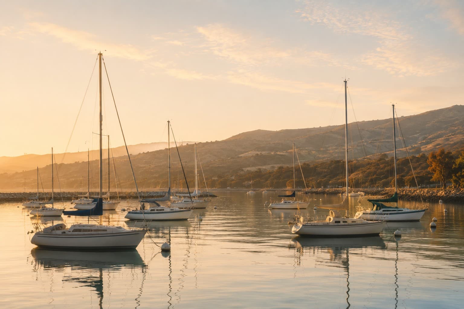 A calm harbor with sailboats moored at golden hour, capturing the working coastal character of Redondo Beach