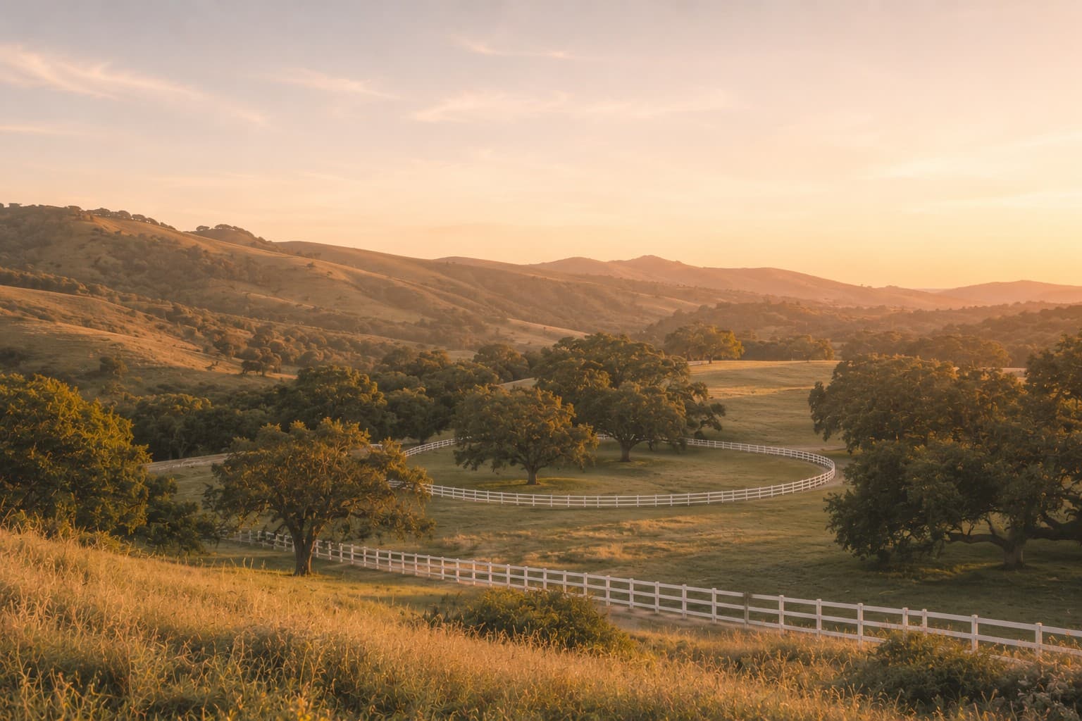Rolling green hills with mature oak trees and a white pasture fence at golden hour, capturing the inland character of Rolling Hills