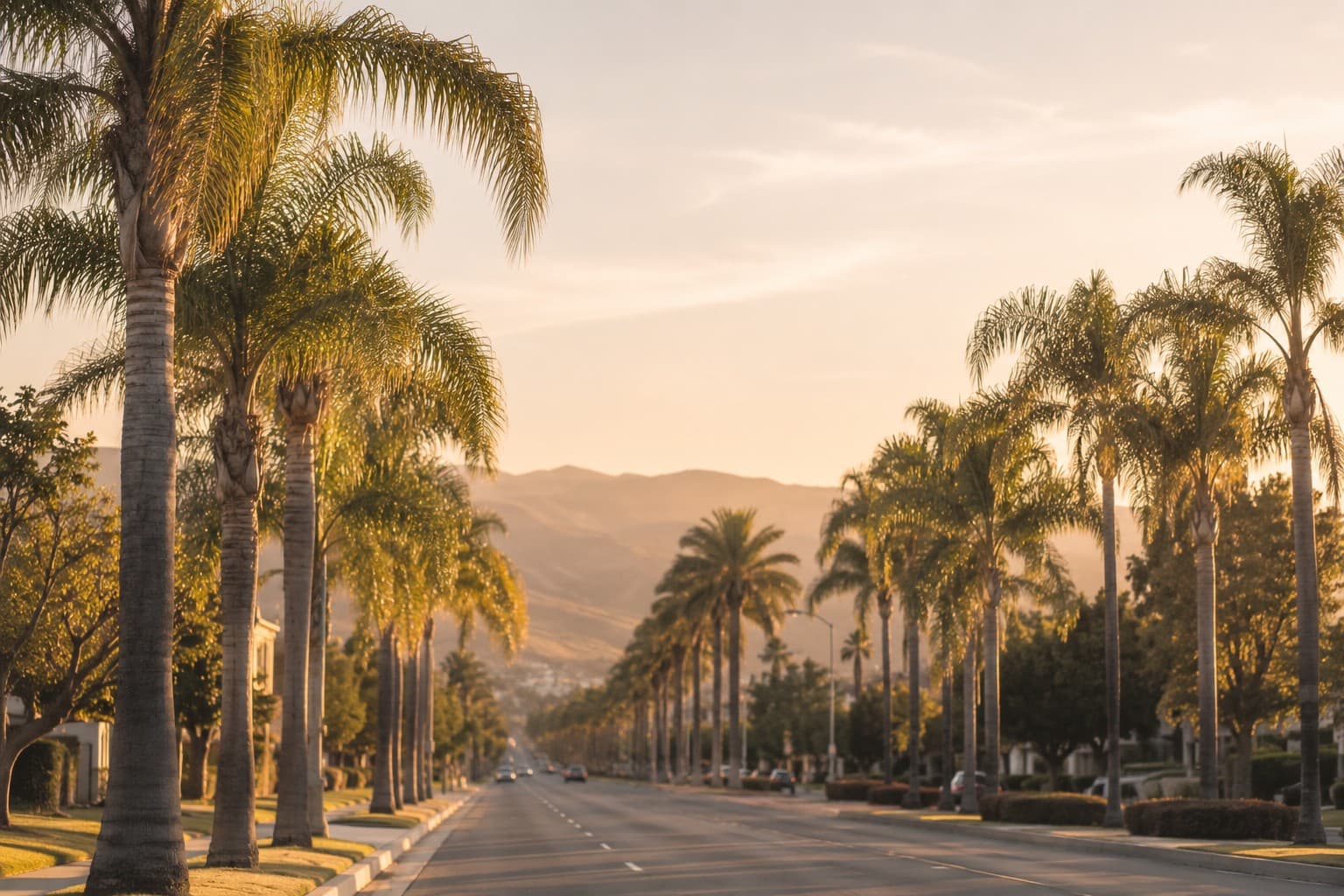 A tree-lined Southern California boulevard with mature palms at golden hour, capturing the calm character of Torrance