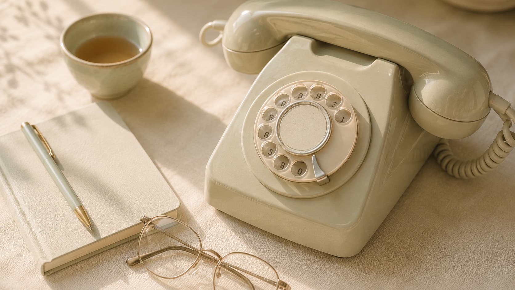 A vintage telephone and notepad on a cream linen surface in warm afternoon light, suggesting a thoughtful conversation