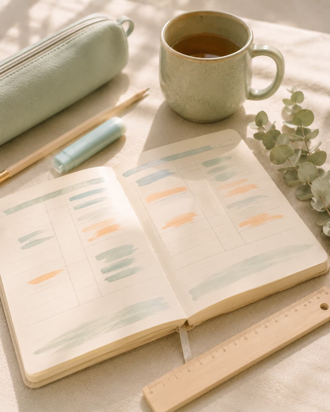 A thoughtfully organized workspace with a notebook, pencil case, and ruler on a cream surface