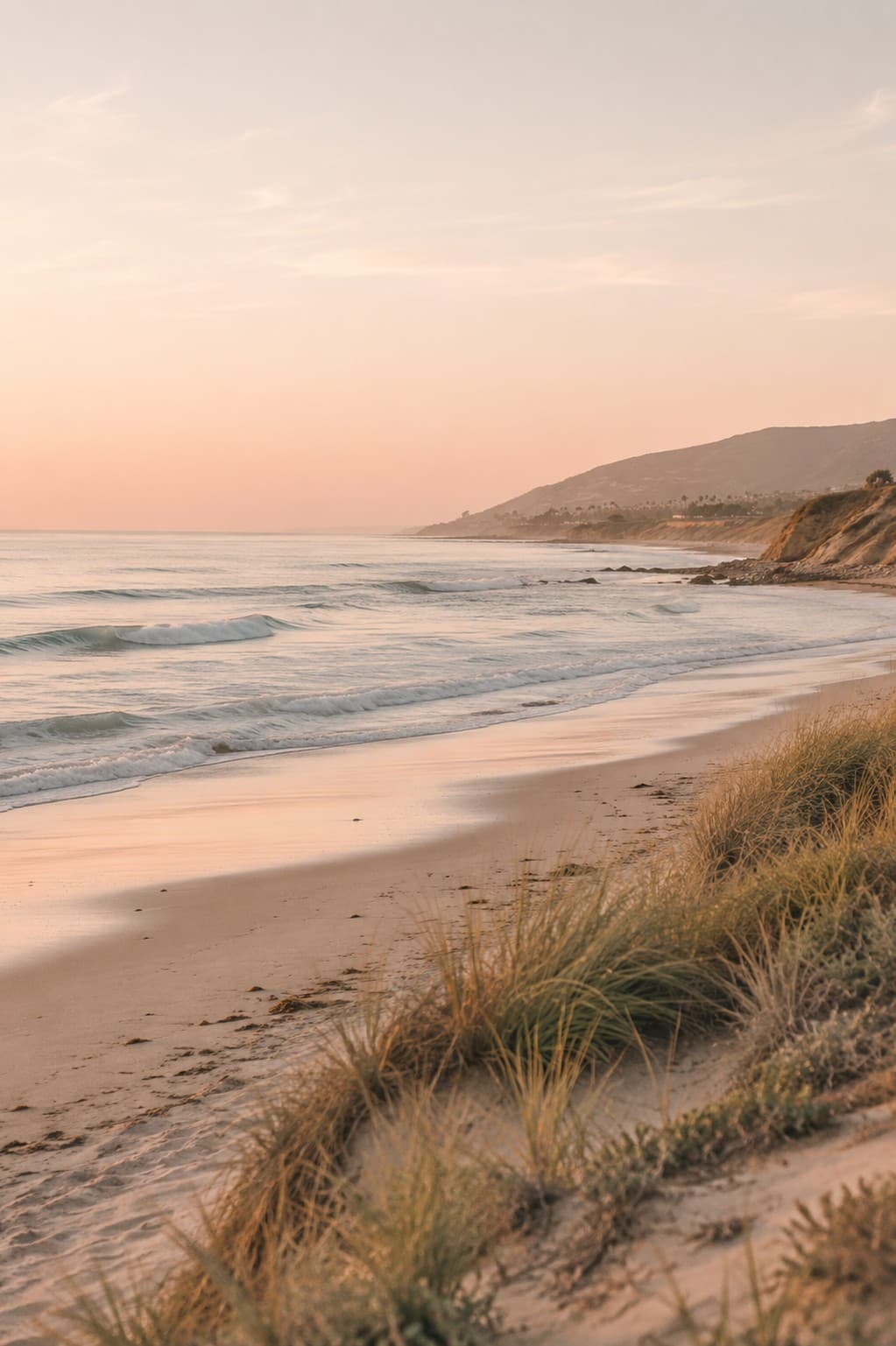 Calm Southern California coastline at golden hour