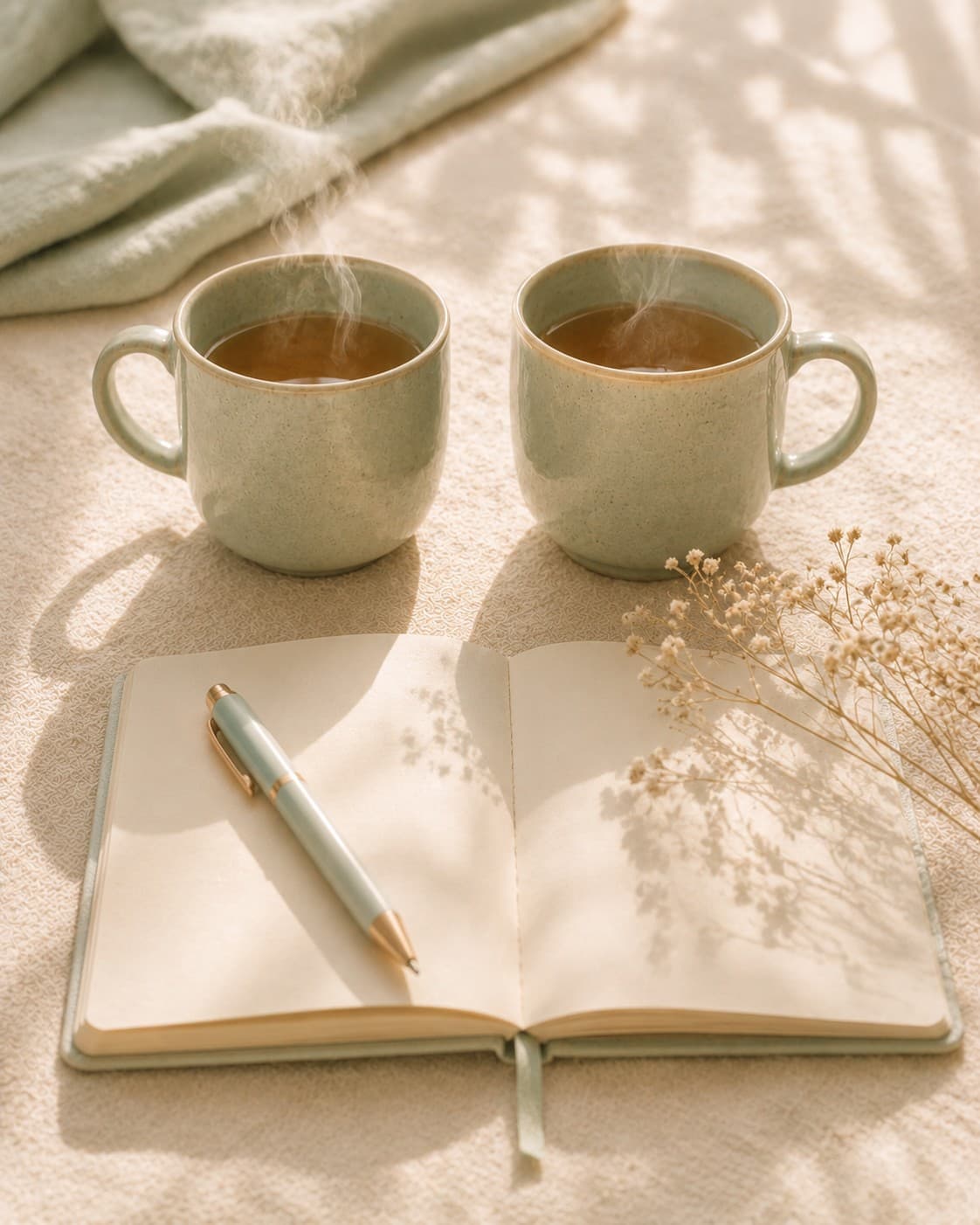Two ceramic mugs of tea side by side with a notebook between them, suggesting collaborative conversation