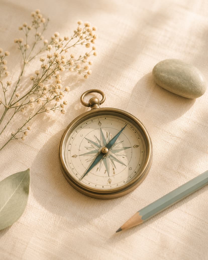 A still-life with a compass and small natural objects on a cream surface, representing finding one's bearings