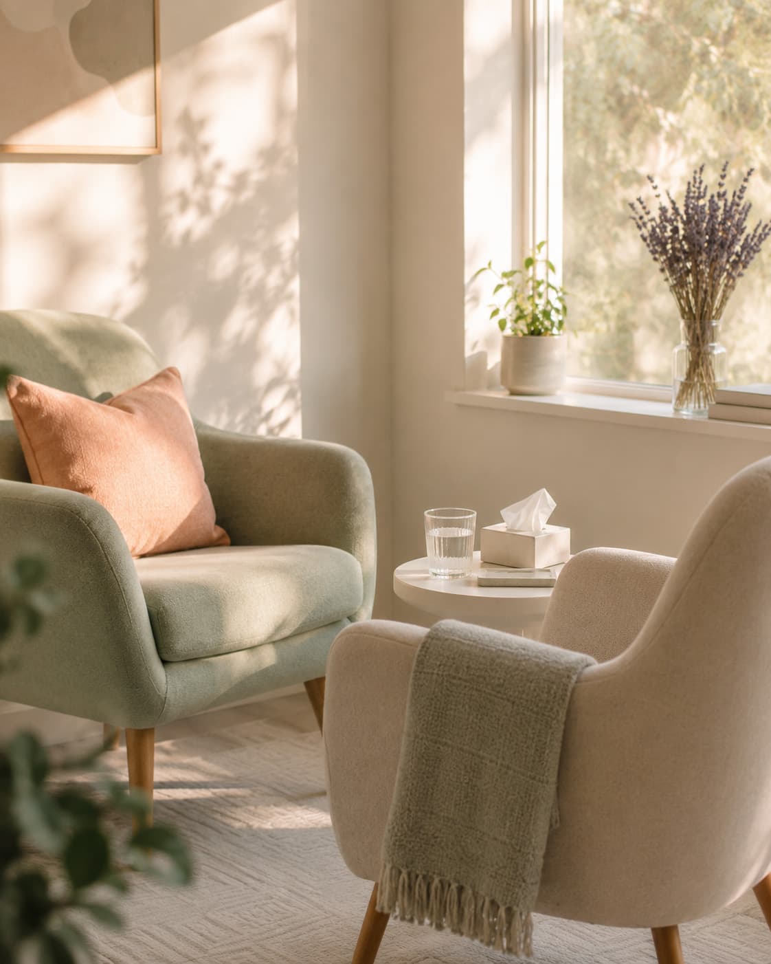 A warm, quiet therapy space suggesting the careful, structured environment used in reunification work