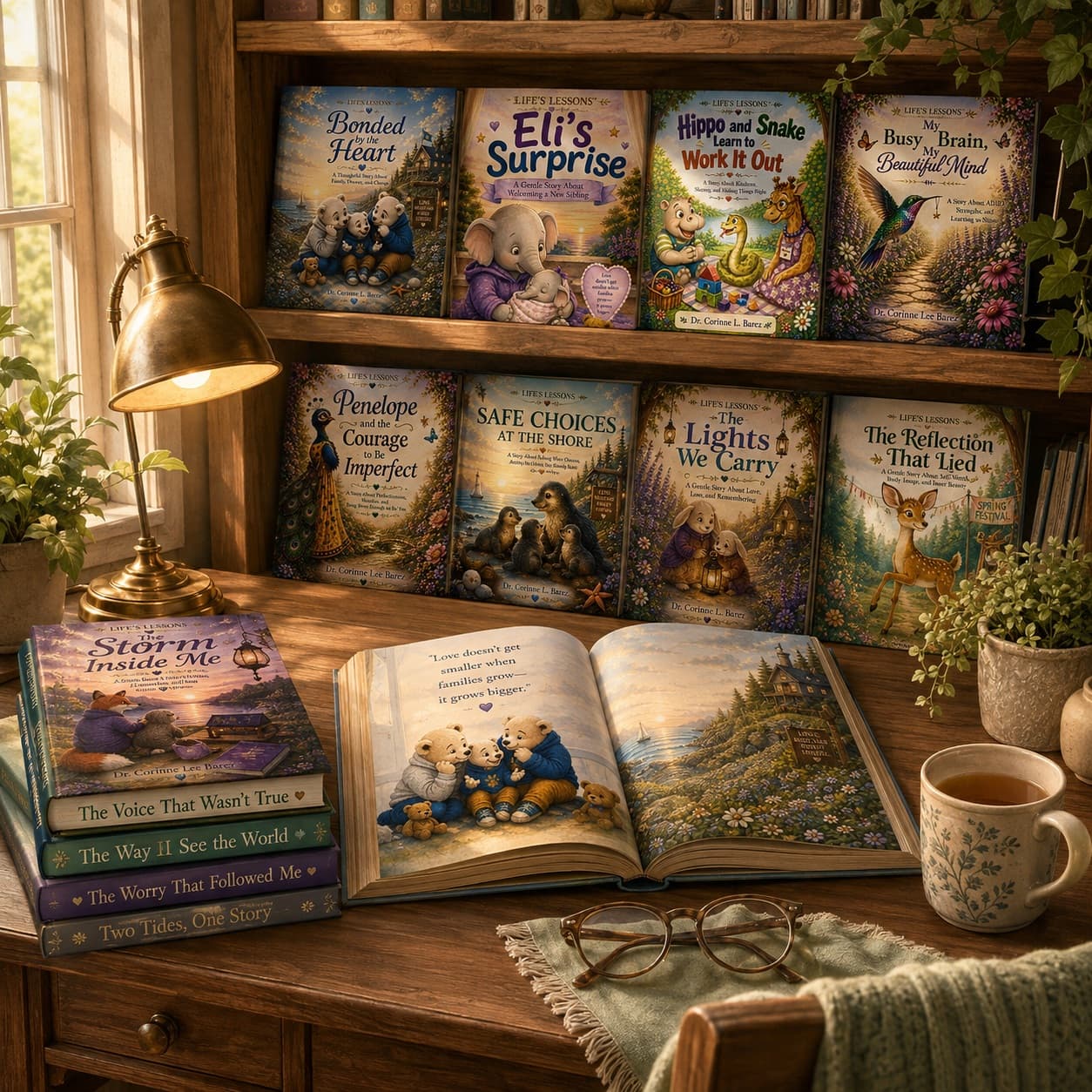 Dr. Hickson Barez's Life's Lessons children's books displayed in a cozy home library