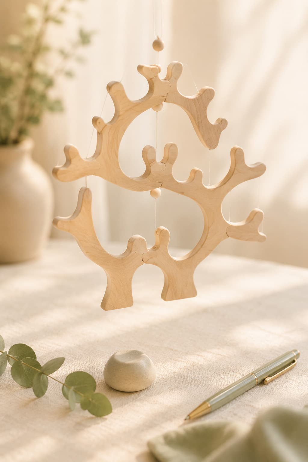 A wooden tree-shaped form on a cream linen surface, representing interconnected systems and thoughtful clinical work