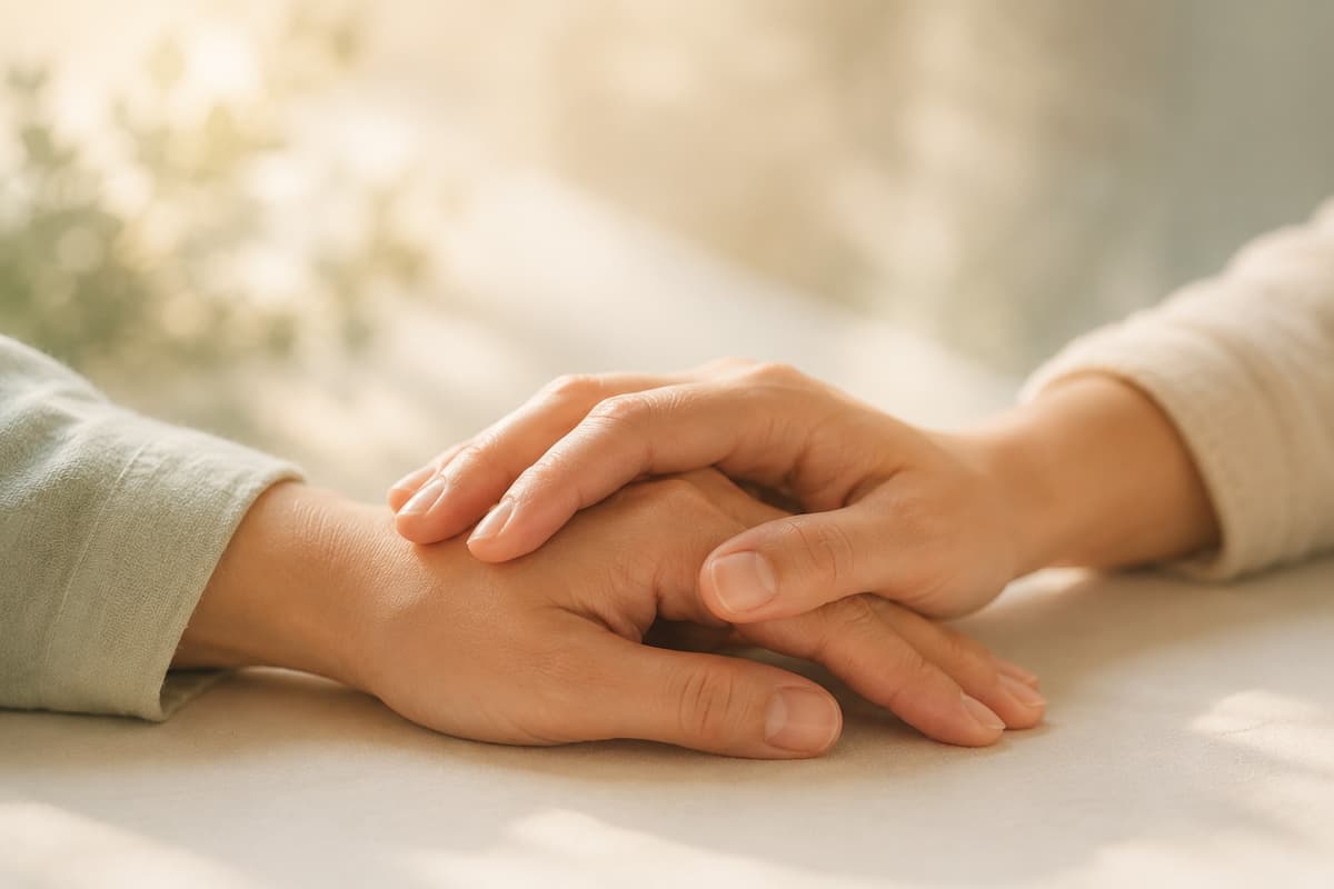 Two adult hands gently overlapping in warm afternoon light, suggesting peer support