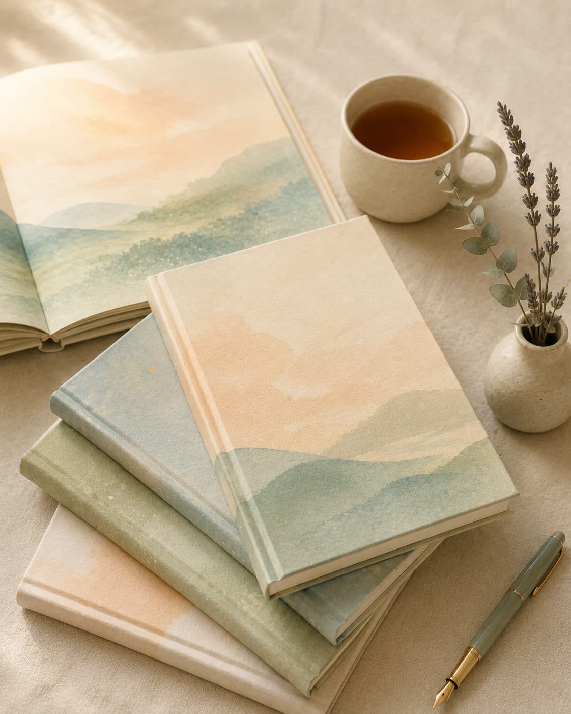 A flat-lay of children's books with soft pastel covers arranged on a cream surface, alongside a mug of tea and dried lavender
