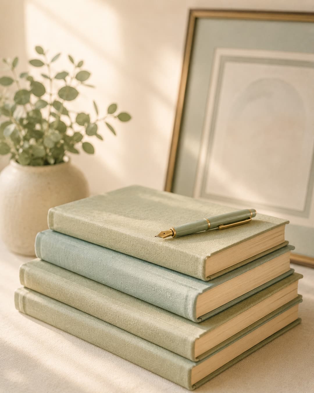 A still-life of soft cloth-bound books and a fountain pen on a cream linen surface, suggesting scholarly depth
