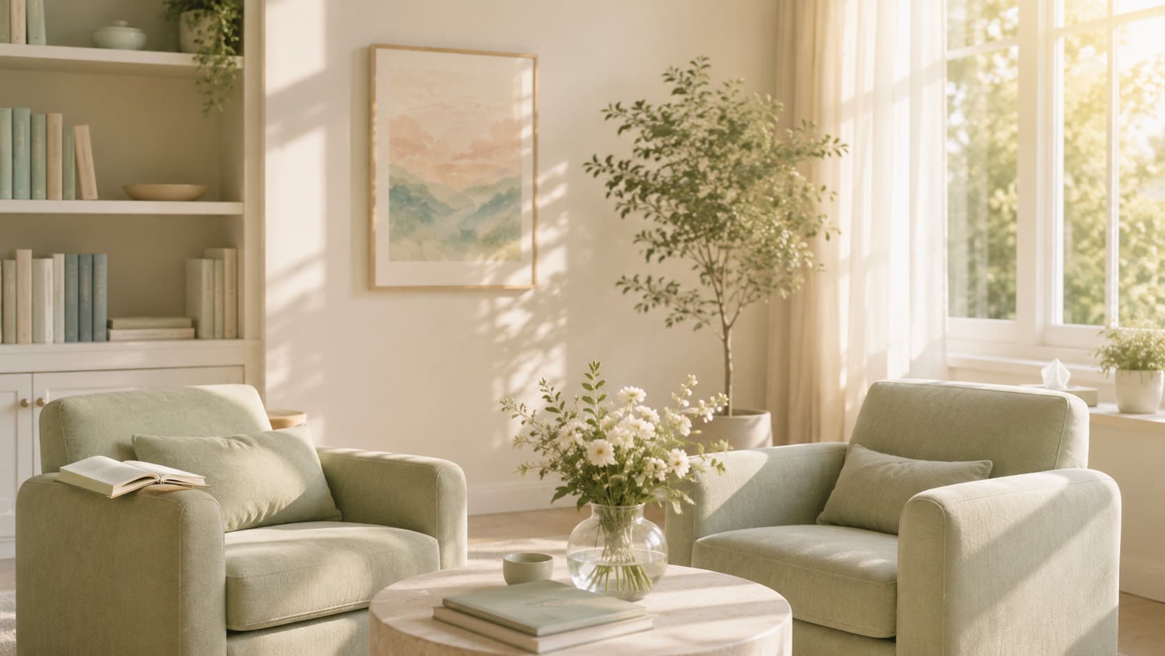 A calm, professional consultation room with sage green armchairs and warm afternoon light