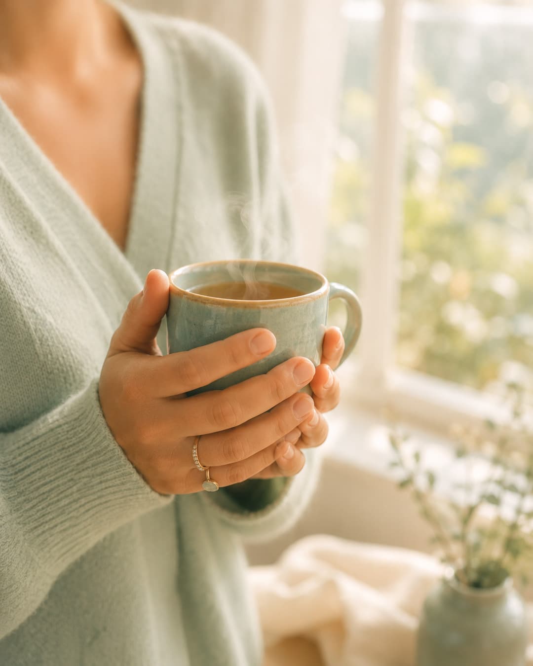 An adult woman holding a ceramic mug of tea in warm afternoon light, suggesting a quiet moment of presence