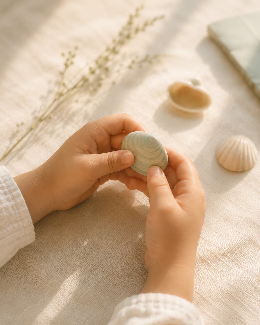 A child's hands gently holding a smooth stone on a cream surface, suggesting protected curiosity