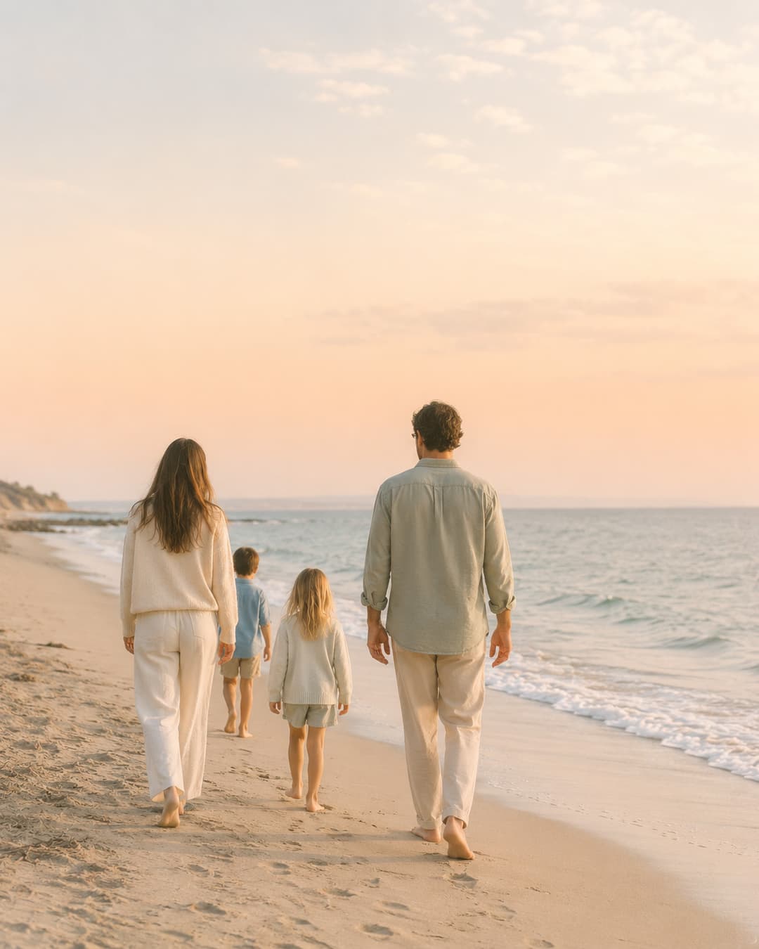 A small family walking together along a Southern California beach at golden hour, seen from behind