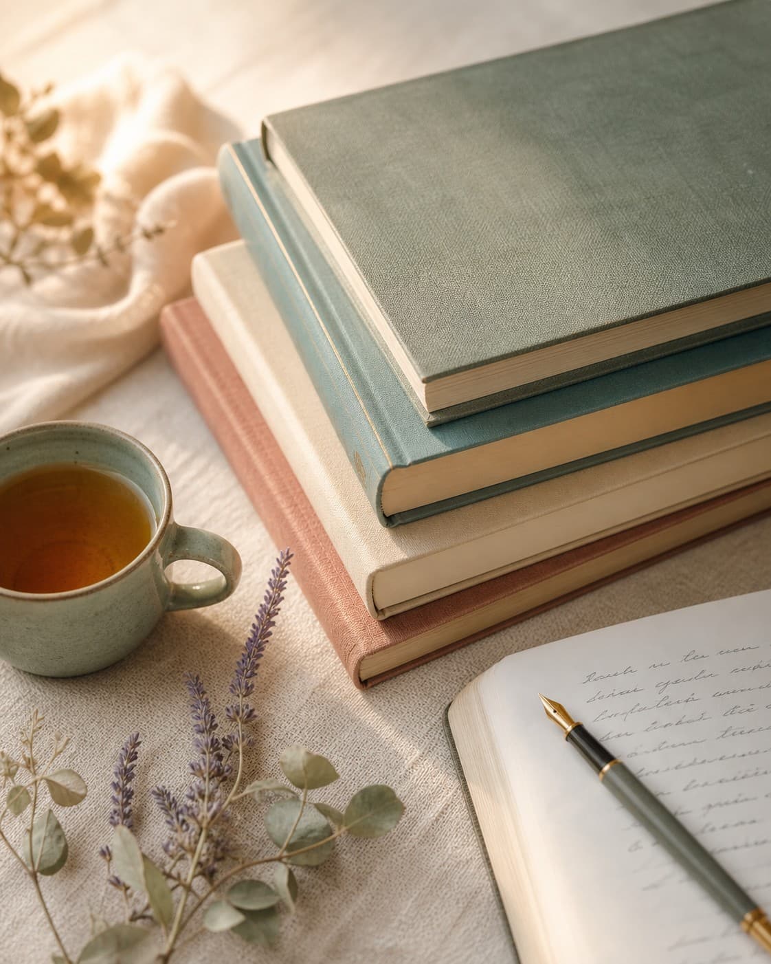 A still life of well-loved books, a mug of tea, dried lavender, and an open notebook on a cream surface, suggesting a curated library gathered with care