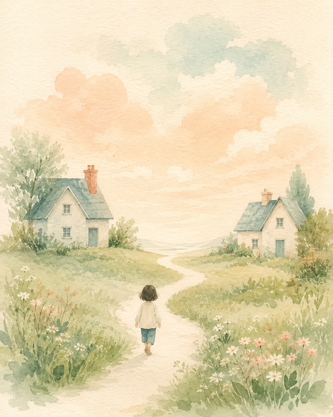 Watercolor illustration of two small houses connected by a winding path, representing divorce and family transitions