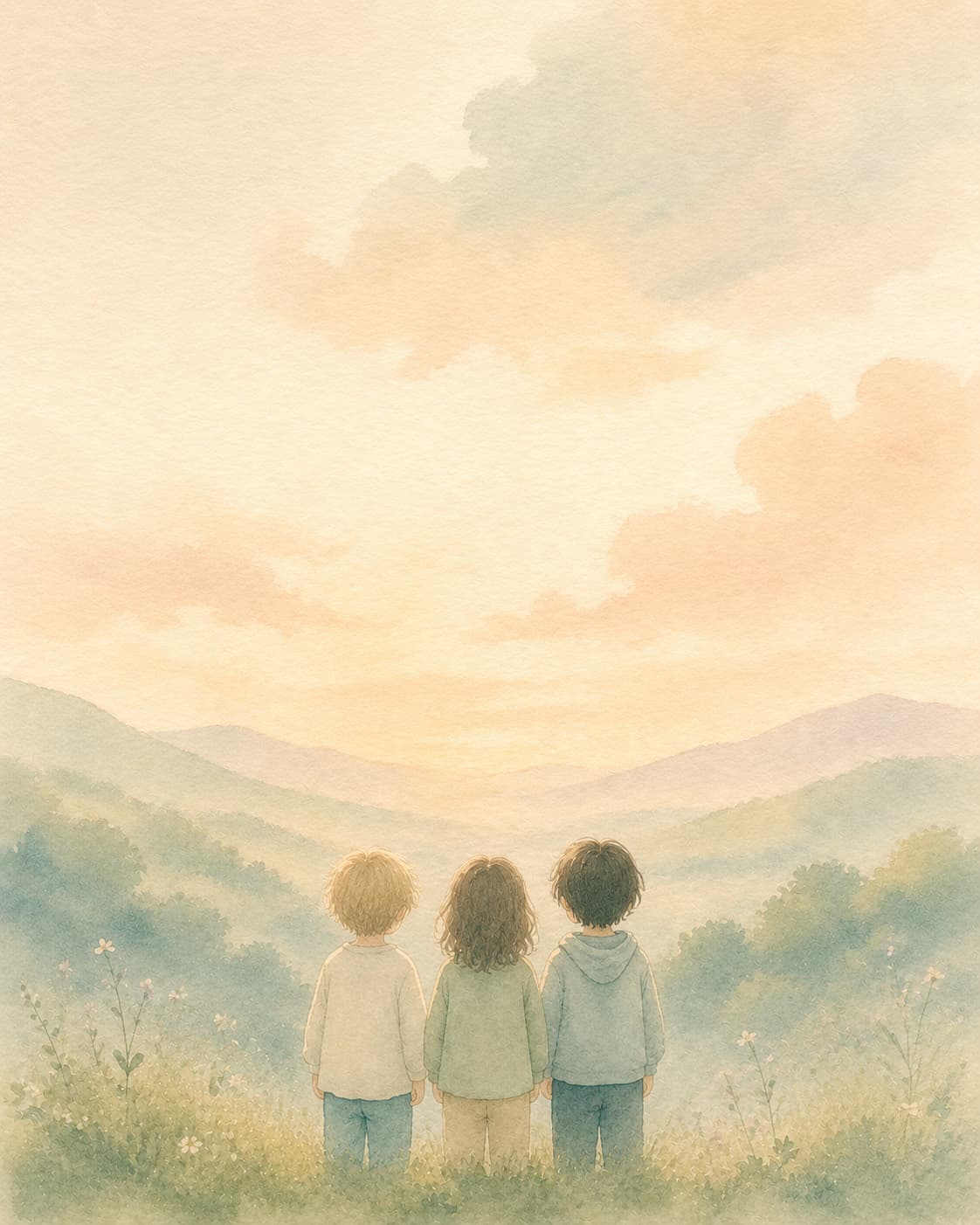 Watercolor illustration of three children standing together looking at a landscape, representing friendship and social skills
