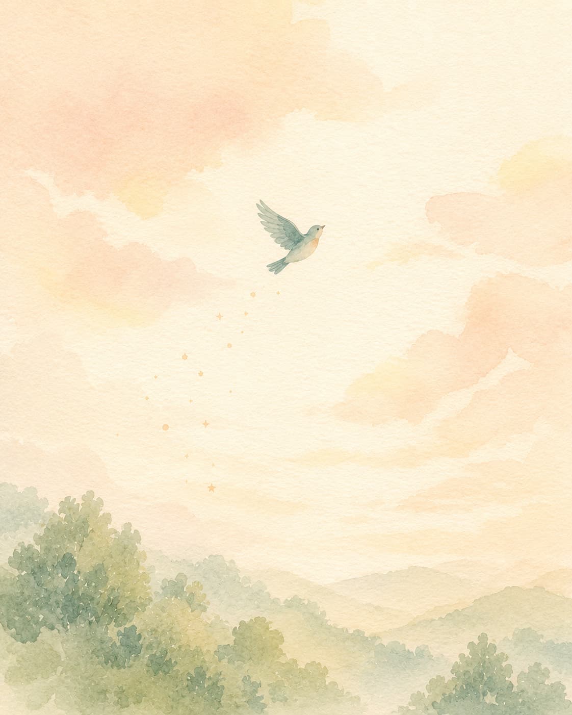 Watercolor illustration of a small bird in flight through a soft pastel sky, representing grief and loss