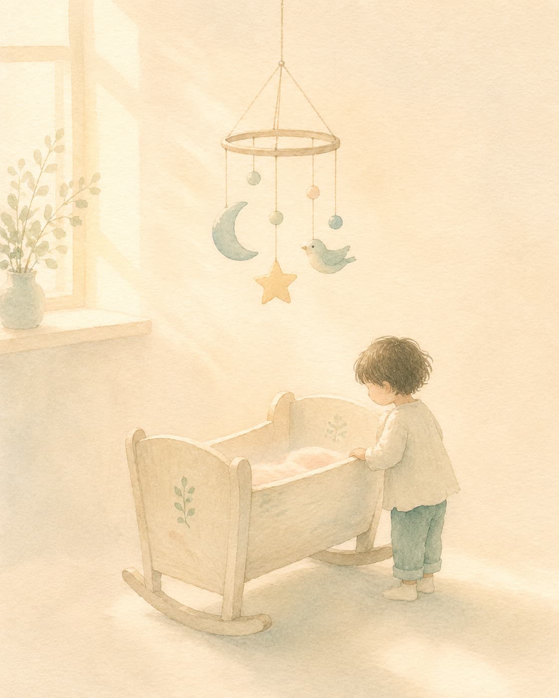Watercolor illustration of a child peering into a cradle, representing welcoming a new sibling