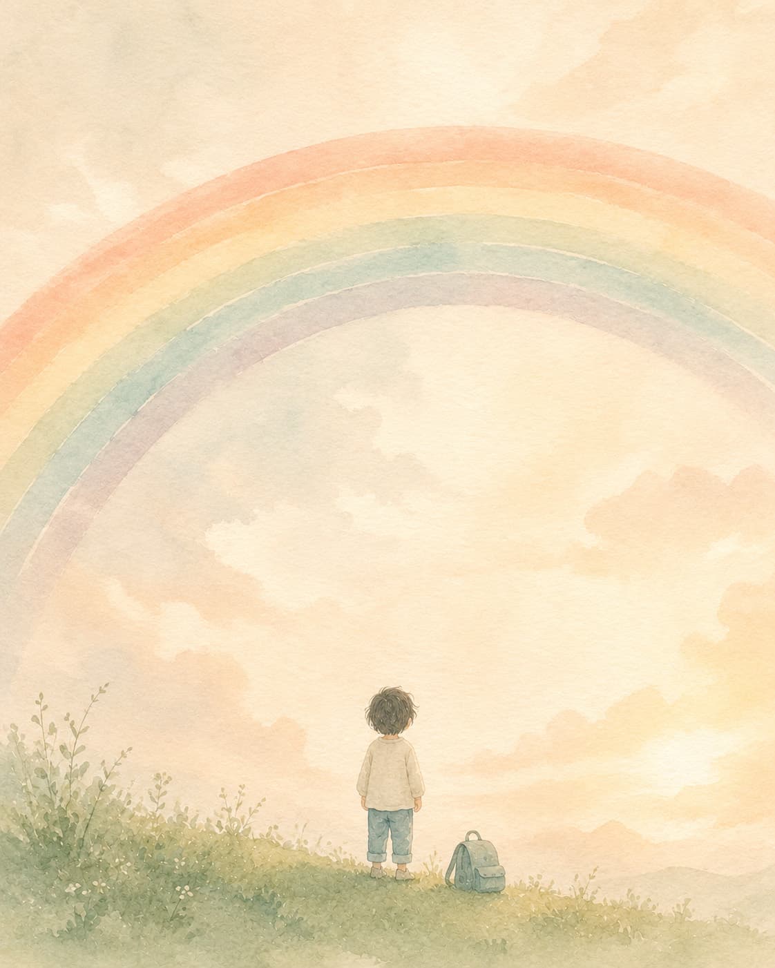 Watercolor illustration of a small child looking up at a pale rainbow, representing separation anxiety