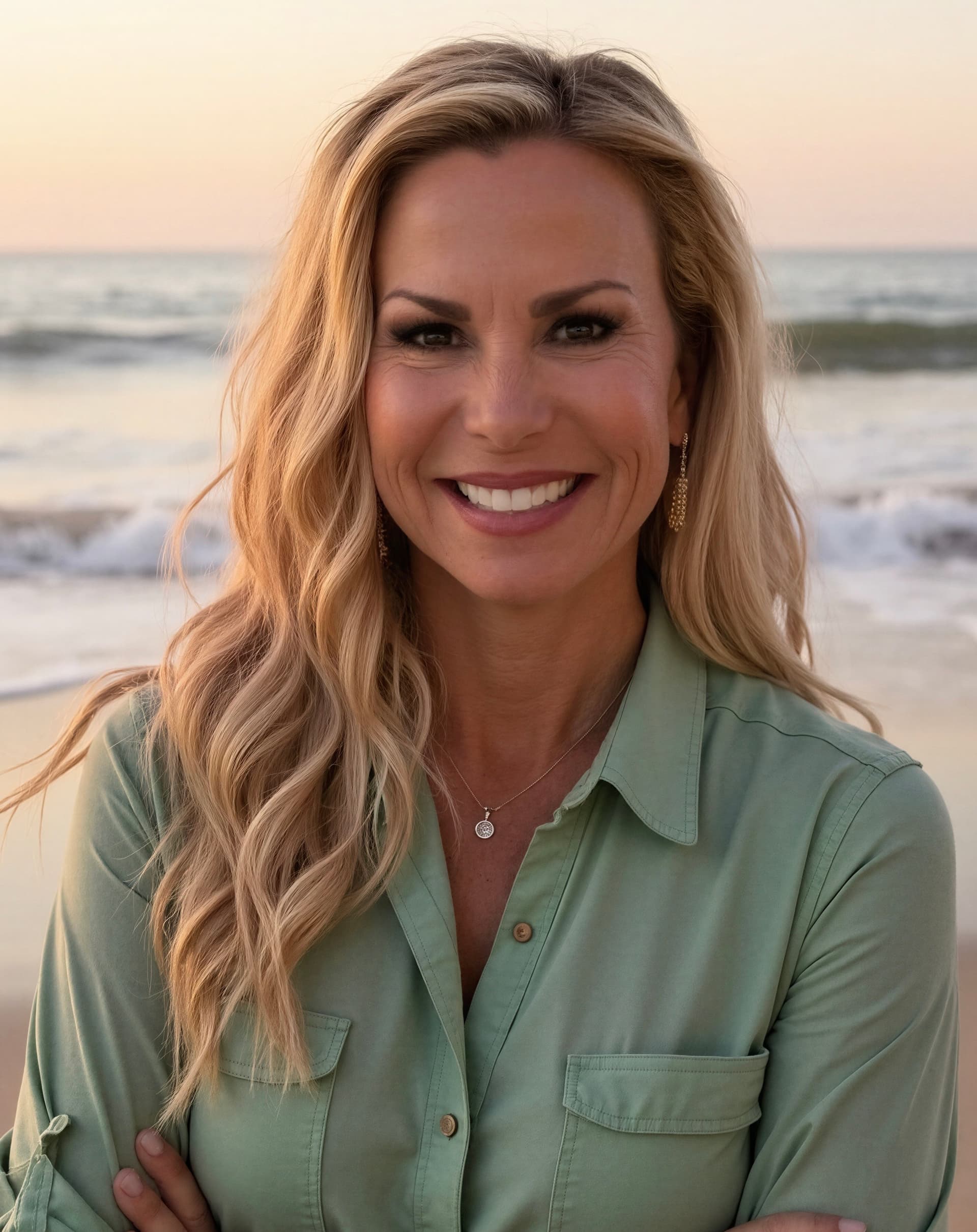 Dr. Corinne Hickson Barez, smiling on a Southern California beach at golden hour